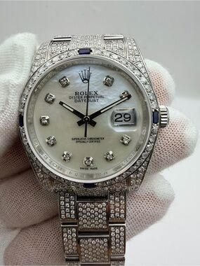 Rolex Silver Pavé Diamond Datejust with Mother-of-Pearl Dial and Blue Accents